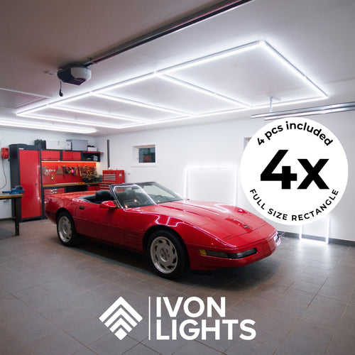 4-pack IVON Full Size Rectangle Kit belysning, stilren LED-lösning med ribbstolsdesign för kraftfull och jämn belysning i garaget.