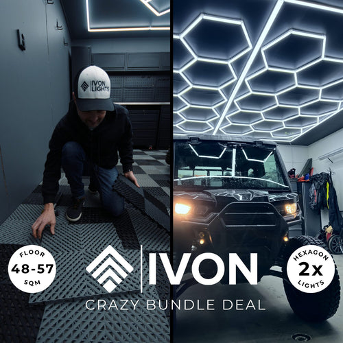 Lyxigt Bundle paket för 2-bilsgarage med SuperGrip-golv (48–57,6 kvm) och 2 Hexagon-belysningar.