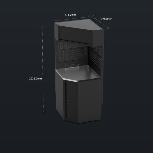 IVON Black Series Hörnskåp med rostfri bänkskiva, verktygstavla och överskåp.