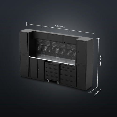 IVON Garageinredning Medium för verkstaden i svart kulör med rostfri bänkskiva.