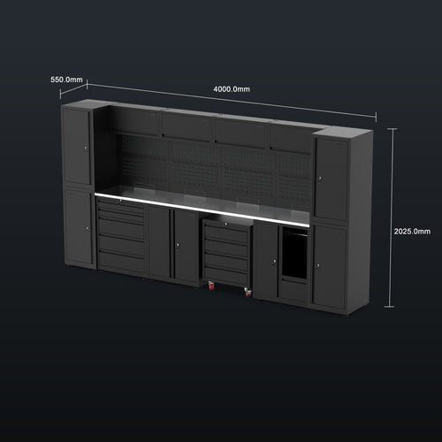 IVON Garageinredning Large för verkstaden i svart kulör med rostfri bänkskiva.