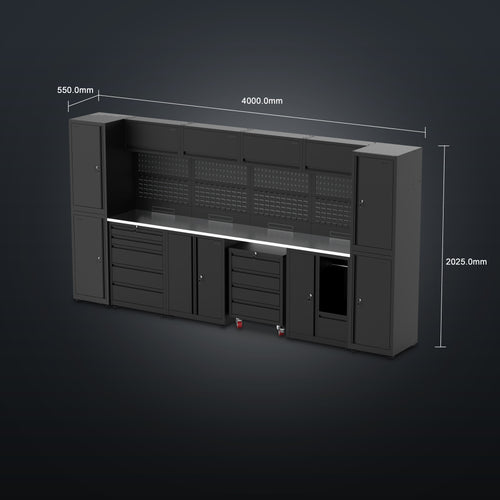 IVON Garageinredning Large för verkstaden i svart kulör med rostfri bänkskiva.
