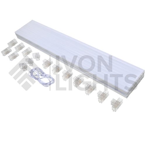 Bild på paketets innehåll för IVON Full Size Rectangle Kit Belysning 241x478cm 2-pack, visar alla ingående delar och installationsmaterial.