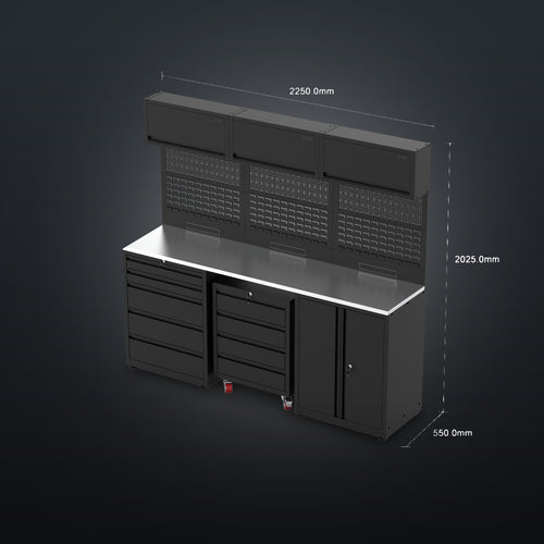 IVON Garageinredning Black Series - Mini, komplett paket med bänkskiva i rostfritt stål, verktygstavla, kullagrade lådor och högskåpshyllor – lyxigt och funktionellt för små garage.