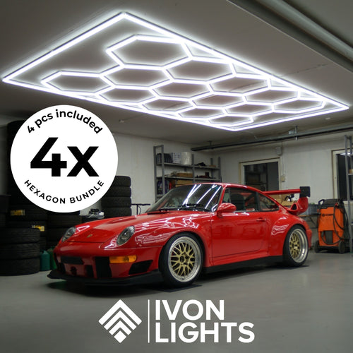 IVON Hexagon Garagebelysning LED-Armatur 241x478cm 4-pack Honeycomb-mönster och kristallklart 6000K ljus.