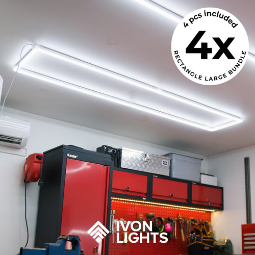 Helhetsbild av IVON Rectangle Large belysning 44x240cm 4-pack, med modern LED-design for garaget.