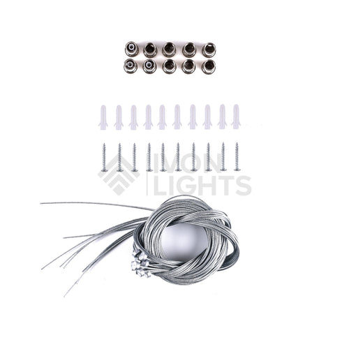 IVON Vajerpendel Upphängningskit 10-Pack – komplett kit med aluminiumpendlar och rostfritt stålvajer, utformat för att montera LED-armaturer i lokaler med högt i tak.