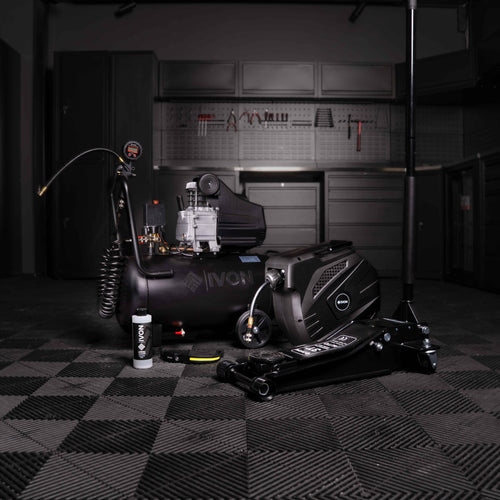 IVON Däckytarpaket Large, ininehållande slangvinda för tryckluft, domkraft, kompressor, digitalt tryckluftsmunstycke, pannlampa fälgrengöring