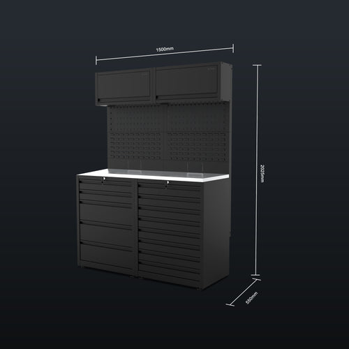 IVON Black Series cabinet Slim with stainless steel workbench countertop with measurements