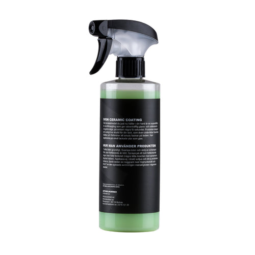 Baksida vy av IVON CERAMIC COATING Keramiskt Spraylackskydd 500ml mot vit bakgrund, som visar detaljerad etikett och produktinformation.