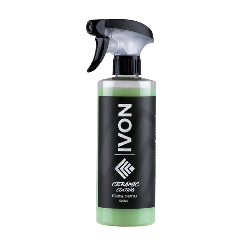 Framsida vy av IVON CERAMIC COATING Keramiskt Spraylackskydd 500ml mot vit bakgrund, vilket framhäver produktens eleganta design och premiumkänsla.