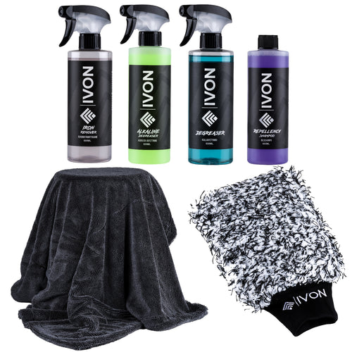 Översiktsbild av IVON Exteriörpaket – Medium med Washing Mitten, Avfettning, Shampoo, Iron Remover, Degreaser och Drying Towel, perfekt for vardagsrengöring av bilen.