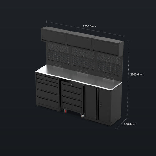 IVON Garageinredning Black Series - Mini, komplett paket med bänkskiva i rostfritt stål, verktygstavla, kullagrade lådor och högskåpshyllor – lyxigt och funktionellt för små garage.