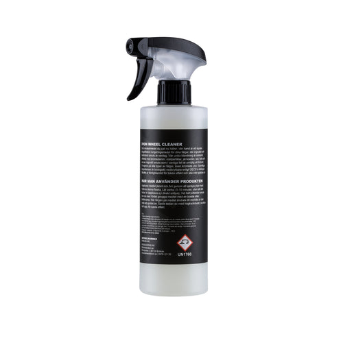 Bild på baksidan av IVON Wheel Cleaner med vit bakgrund, som visar produktens etikett och viktiga specifikationer.